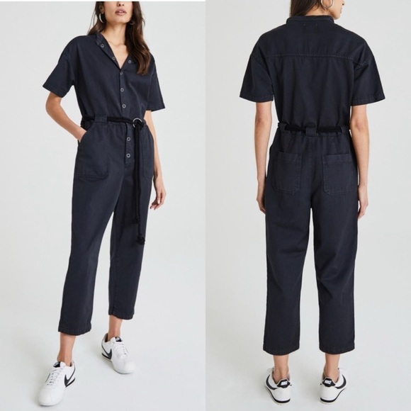 AG ADRIANO GOLDSCHMIED Emery Navy Utility Snap Front Belted Jumpsuit - Picture 1 of 10
